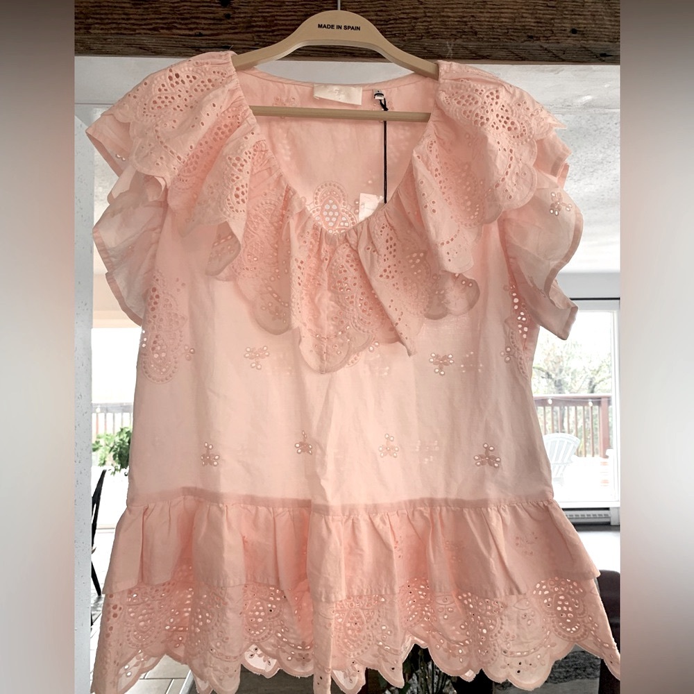 7 For All Mankind Women’s Pink Ruffle Eyelet Blouse Butterfly Sleeve‎ NWT